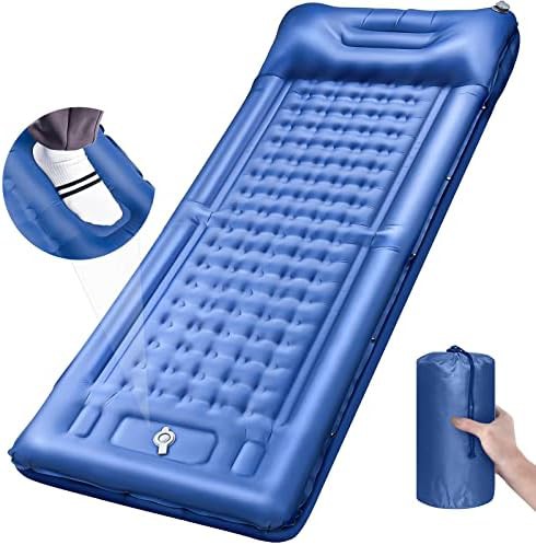 Blue inflatable sleeping pad with built-in pump
