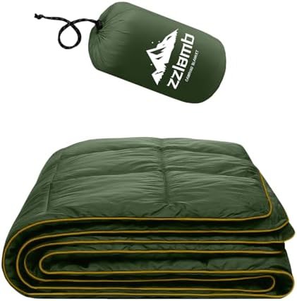 Olive puffy down alternative camping blanket