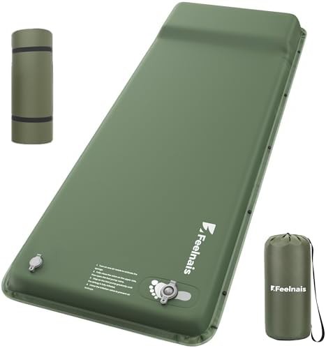 Green self inflating sleeping pad with pump